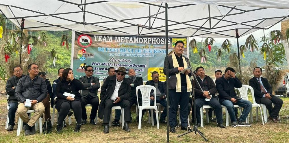 MLA Jwenga Seb addressing the inaugural of the 1st Wokha Winter Fiesta-Music, Eco-Tourism & Adventure 2023 at Lanchuju Eryu, Doyang, Wokha on December 7. (Morung Photo)